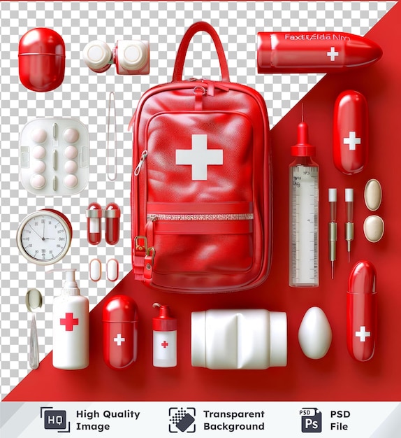 PSD fondo transparente psd de botiquín de primeros auxilios rojo y suministros médicos sobre fondo rojo