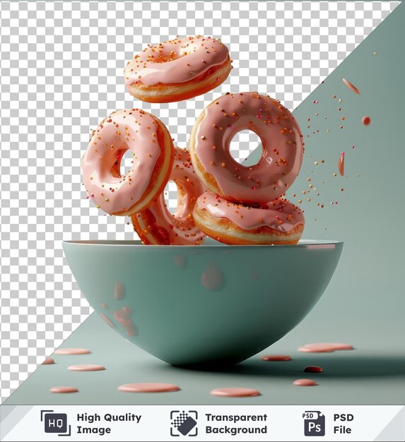 Fondo transparente psd cerrar rosquillas volando en un cuenco de salpicaduras