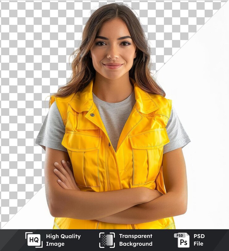 PSD fondo transparente psd chaleco femenino amarillo con cabello marrón y camisa gris con una mano pequeña y un brazo gris