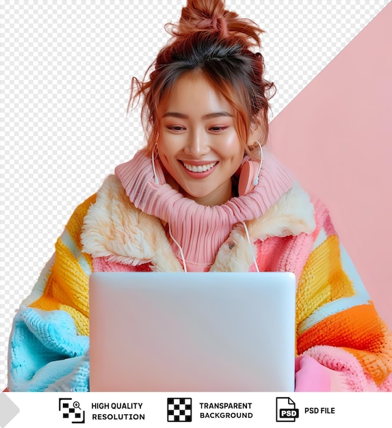 fondo transparente psd chica alegre haciendo una llamada de video en su computadora portátil png