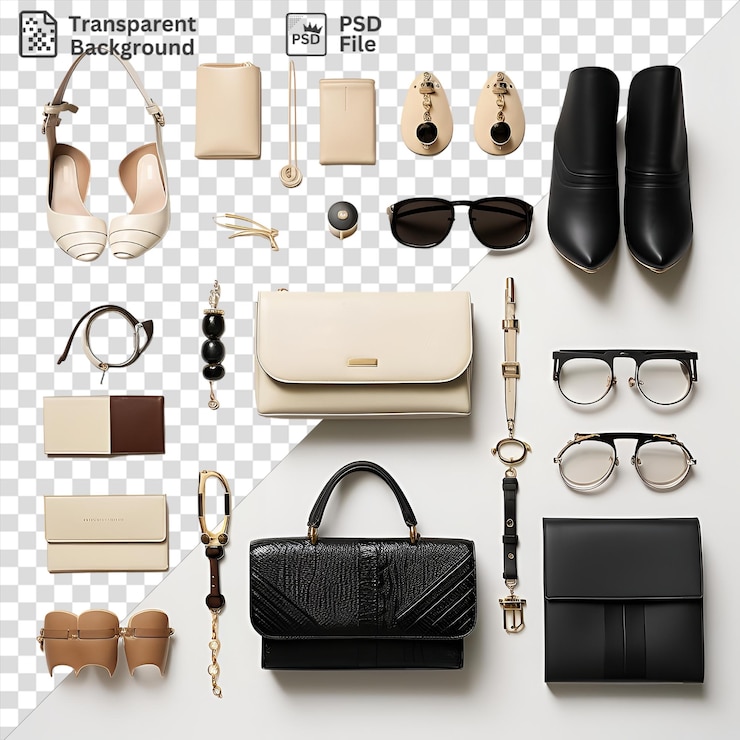 PSD fondo transparente psd colección de bolsos de diseño de alta gama con accesorios que incluyen gafas negras una pequeña caja blanca y una billetera negra en un fondo transparente