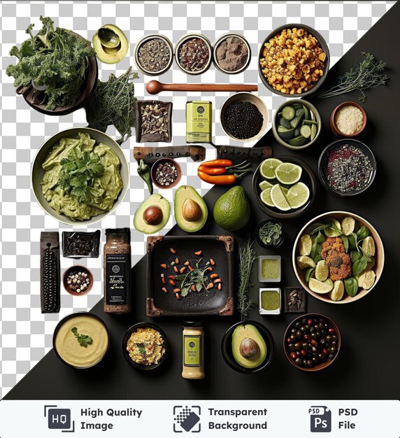 Fondo transparente psd conjunto de cocina mexicano gourmet con una variedad de cuencos y utensilios, incluido un cuenco blanco, un cuencos marrón, un cuencos negro y marrón, y un aguacate verde
