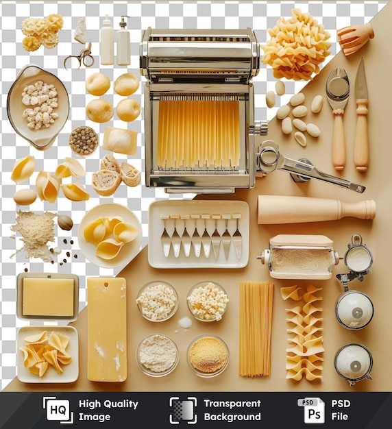 Fondo transparente psd conjunto de fabricación de pasta gourmet mostrado en un fondo transparente con una variedad de alimentos, incluido un plato blanco queso amarillo y una botella blanca acompañada de una plata