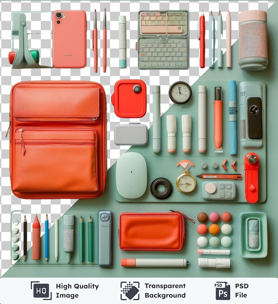 PSD fondo transparente psd conjunto de herramientas de diseño gráfico moderno con un teclado plateado y gris una caja roja y naranja un ratón gris y blanco y un bolígrafo rojo y naranje