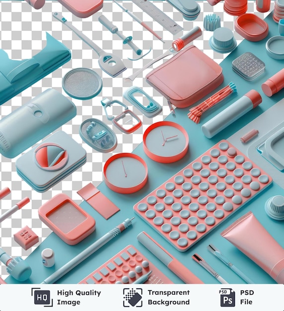 PSD fondo transparente psd conjunto de herramientas de impresión y diseño 3d personalizadas con una mesa azul un reloj rojo y un bolígrafo azul