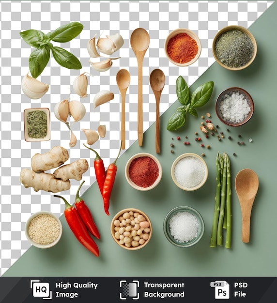 Fondo transparente psd conjunto de ingredientes de cocina tailandesa gourmet con una variedad de cuencos y cucharas que incluyen madera marrón blanca y pequeños cuencos blancos, así como un pimienta roja