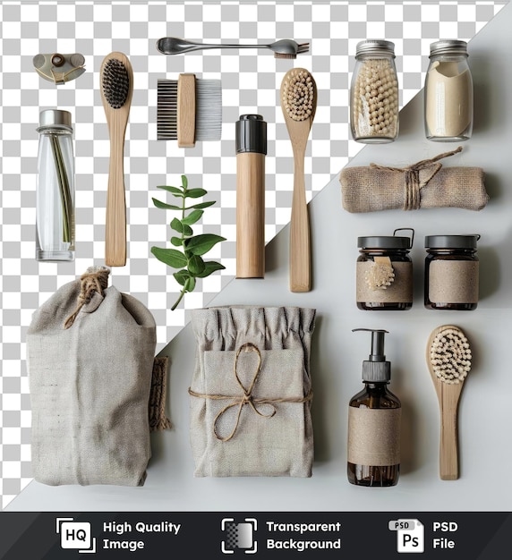fondo transparente psd conjunto de productos reutilizables ecológicos con una botella de vidrio cuchara de madera y planta verde