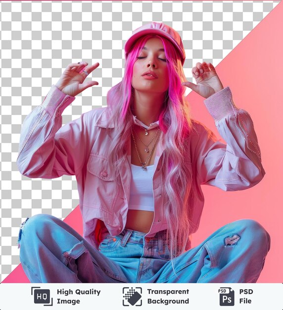 Fondo transparente psd cuerpo completo mujer joven de veinte años con cabello rosado teñido brillante en camisa rosa sombrero haciendo dab baile hip hop manos movimiento gesto gente estilo de vida fa