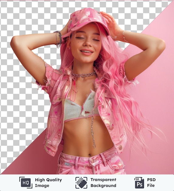 PSD fondo transparente psd cuerpo completo mujer joven de veinte años con cabello rosado teñido brillante en camisa rosa sombrero haciendo dab baile hip hop manos movimiento gesto gente estilo de vida fa