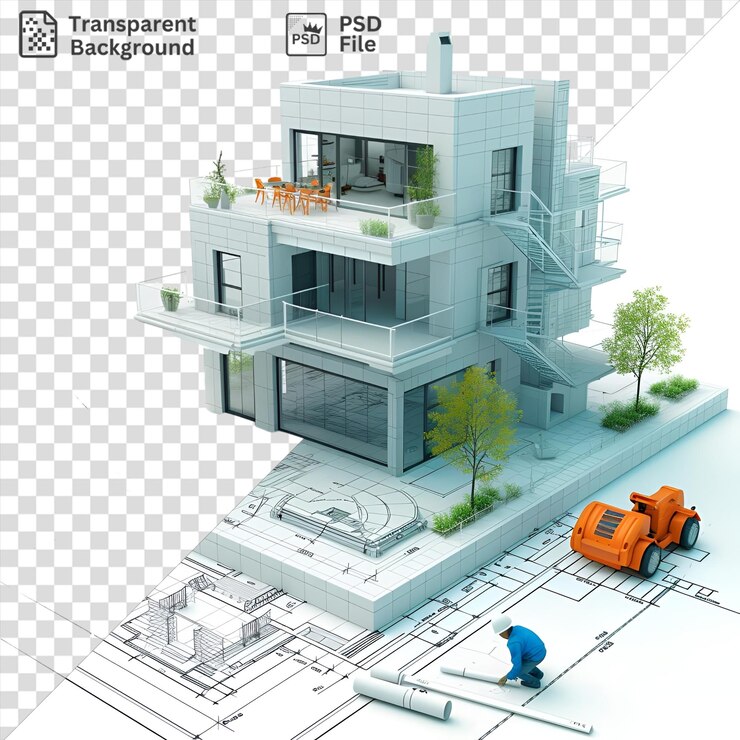 PSD fondo transparente psd dibujos animados de arquitecto 3d diseñando un edificio rodeado de árboles verdes y un pequeño árbol con un camión naranja en primer plano y una ventana de vidrio en el fondo