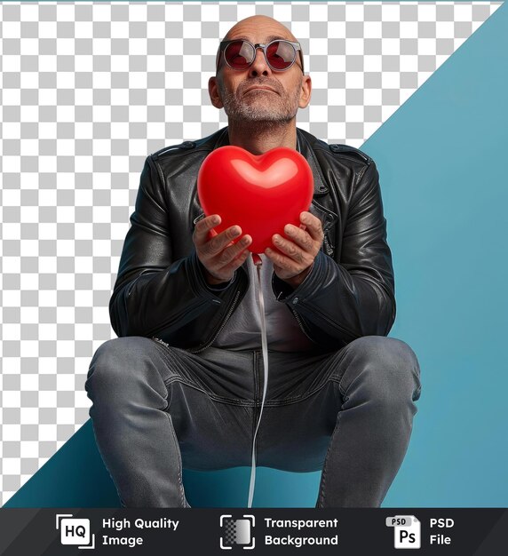 PSD fondo transparente psd encantador hombre caucásico sin pelo en camisa gris pantalones de cuero negro gafas de sol rojas y zapatillas grises muestra ofertas y da su corazón rojo