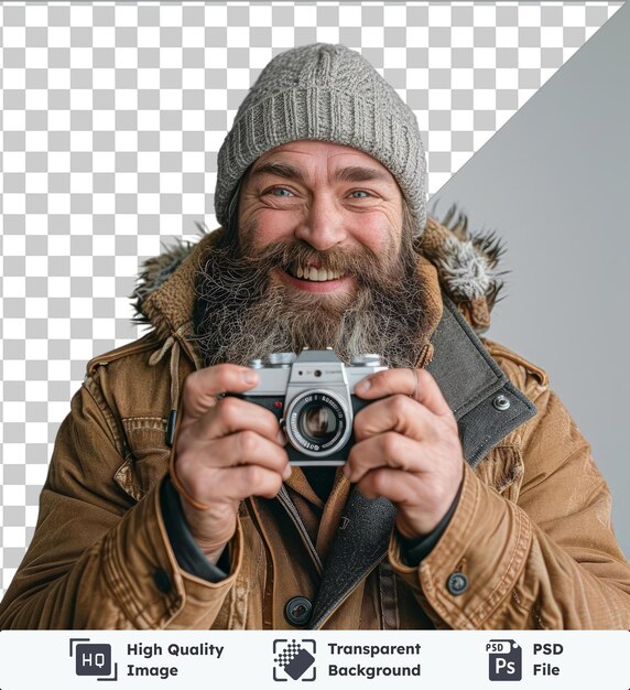 Fondo transparente psd feliz hombre barbudo en traje de moda sonriendo y tomando fotos con pequeña cámara fotográfica