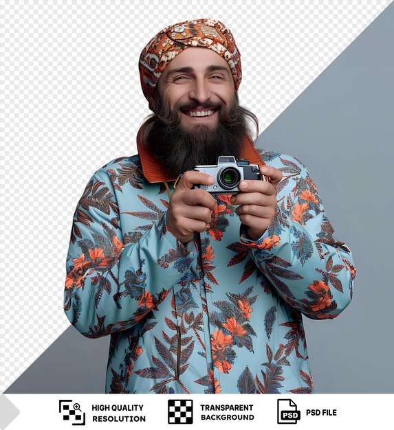 Fondo transparente psd feliz tipo barbudo en traje de moda sonriendo y tomando fotos con pequeña cámara de fotos png