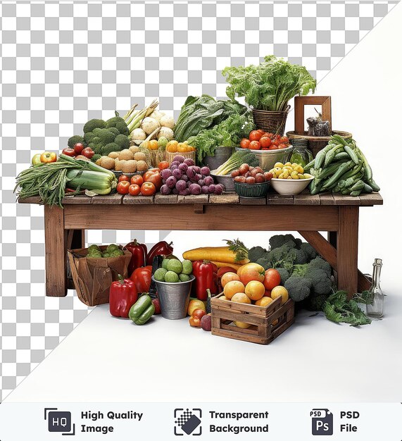 PSD fondo transparente psd fotográfico realista agricultores comercializan verduras y frutas frescas expuestas en una mesa de madera