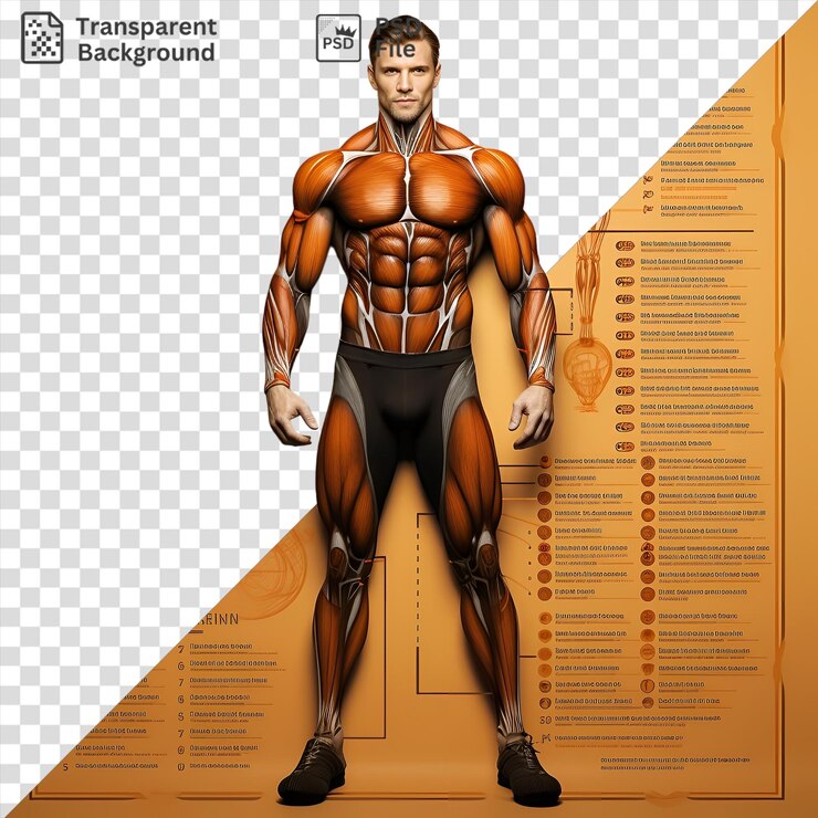 PSD fondo transparente psd fotográfico realista kinesiólogos gráfico muscular humano con las piernas y brazos de un hombre acompañado de un cartel negro y naranja en el fondo