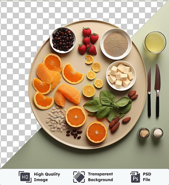 PSD fondo transparente psd fotográfico realista plan de comidas del dietista una variedad colorida de frutas y verduras dispuestas en un plato blanco que incluye naranjas uvas fresas y un