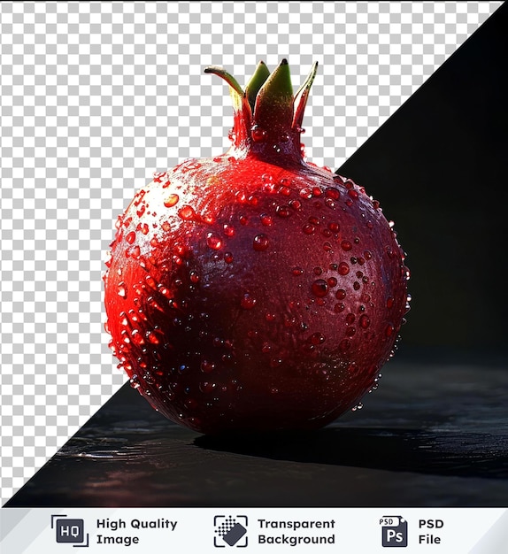 PSD fondo transparente psd de la fruta de la granada con gotas de agua en una mesa oscura verde rojo