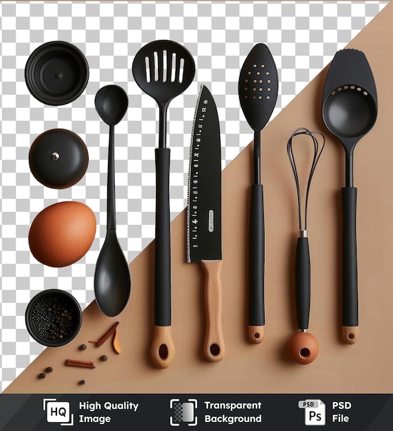 PSD fondo transparente psd gourmet conjunto de herramientas de cocina brasileñas con una espátula negra de huevo marrón y una cuchara negra en una mesa marrón