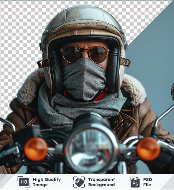 PSD fondo transparente psd un hombre con casco y conduciendo una motocicleta con un espejo plateado y un faro redondo visible en primer plano y una bufanda gris envuelta sobre su hombro