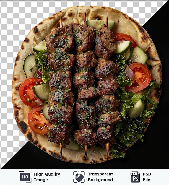 PSD fondo transparente psd iskender kebab con carne tomates pepino y lechuga en un plato
