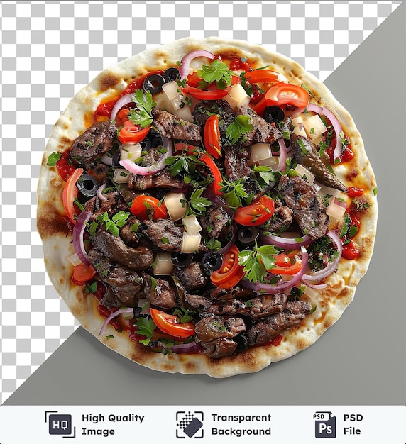 PSD fondo transparente psd iskender kebap con carne y verduras en la parte superior de una pizza