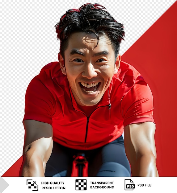 Fondo transparente psd joven activo disfrutando de su entrenamiento de ciclismo en una camisa roja y pantalones azules con cabello negro y una cara sonriente mientras su brazo peludo y oreja pequeña son visibles en el png