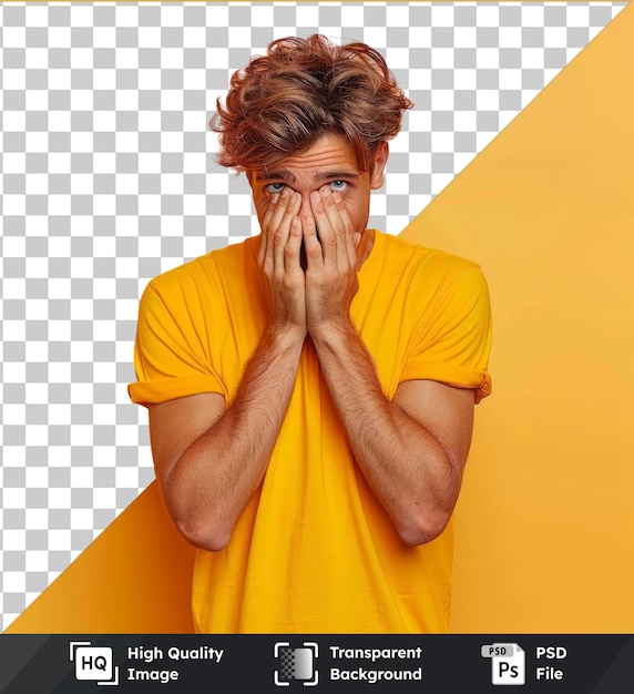 Fondo transparente psd joven hombre guapo con camiseta amarilla casual de pie con expresión triste cubriendo la cara con las manos mientras llora concepto de depresión