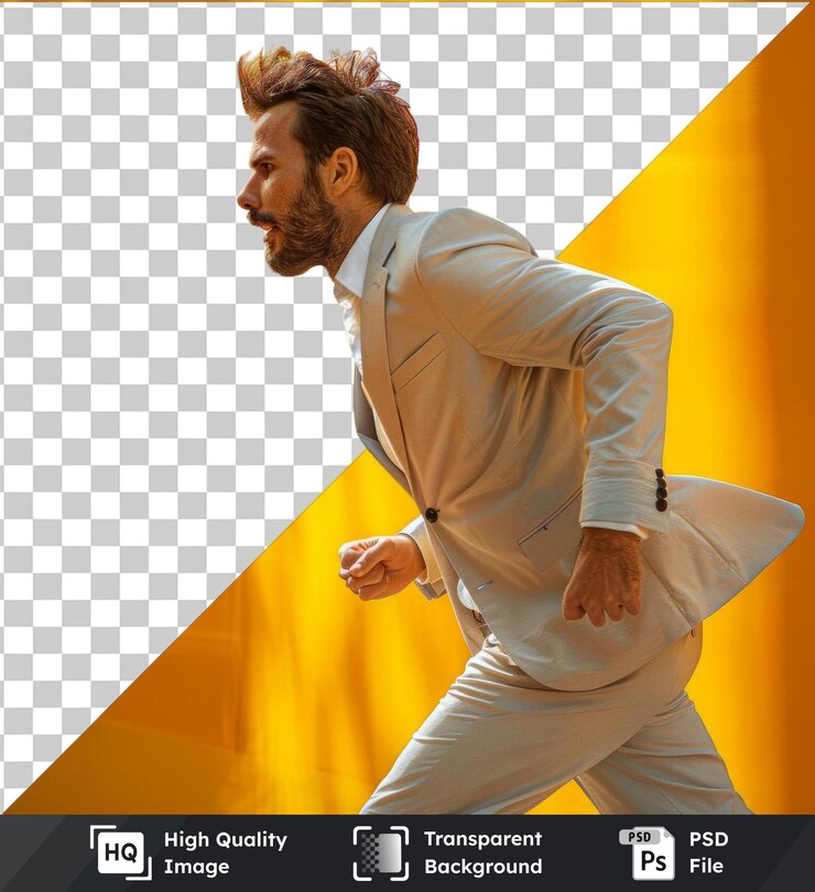 PSD fondo transparente psd joven hombre de negocios corriendo en una patineta frente a una pared amarilla y naranja con una camisa blanca y pantalones grises y blancos con cabello marrón y una mano visible