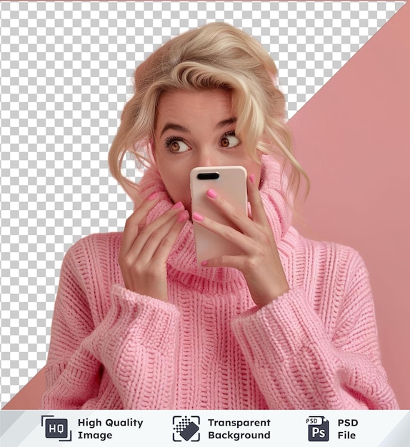 PSD fondo transparente psd joven mujer rubia enviando mensajes usando teléfono inteligente