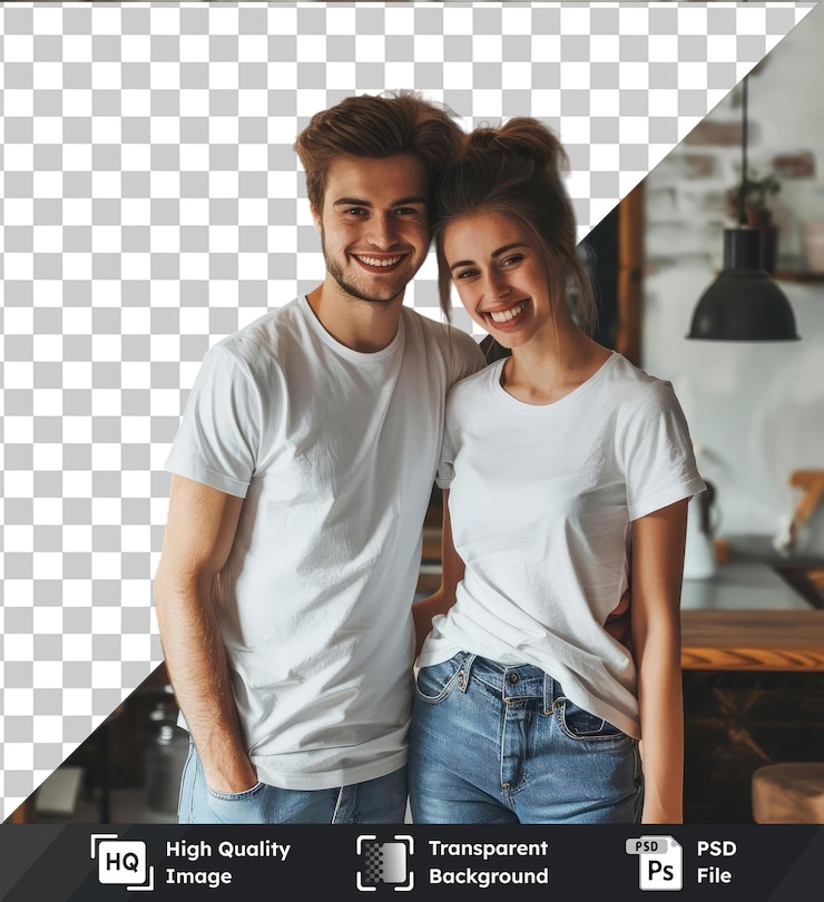 PSD fondo transparente psd joven pareja linda en camisetas blancas y vaqueros azules de pie en el nuevo apartamento y regocijarse en la felicidad