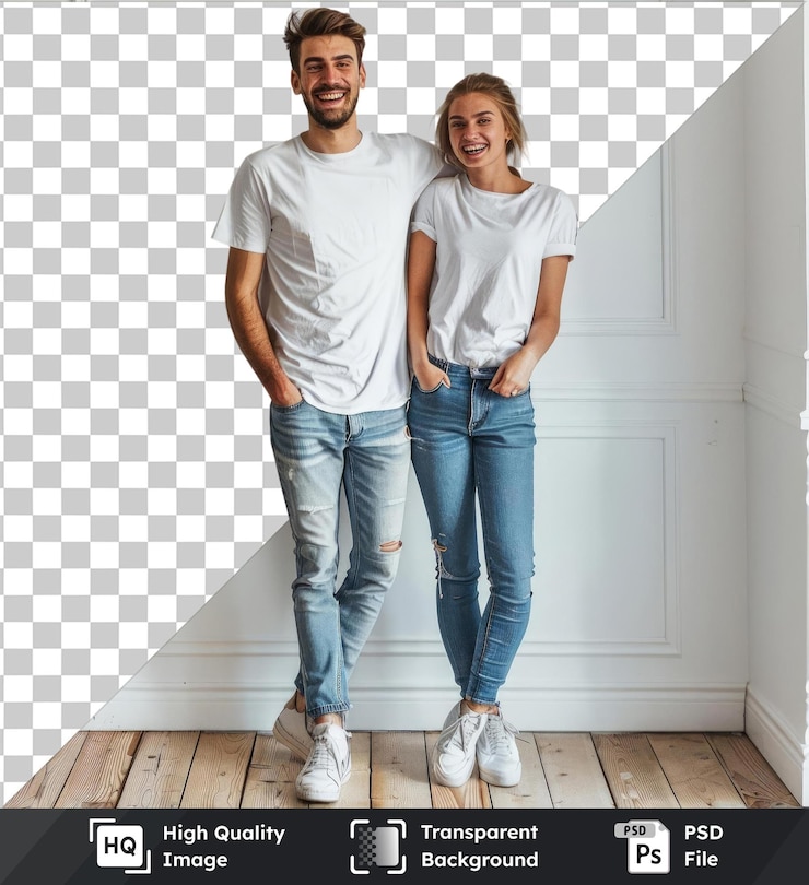 PSD fondo transparente psd joven pareja linda en camisetas blancas y vaqueros azules de pie en el nuevo apartamento y regocijarse en la felicidad
