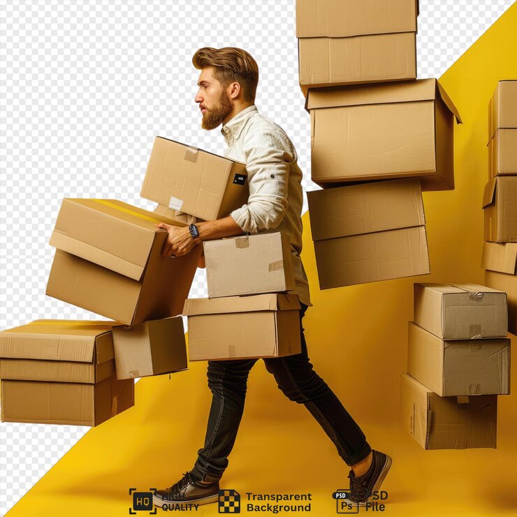 PSD fondo transparente psd joven que lleva muchas cajas pesadas en la cabeza png