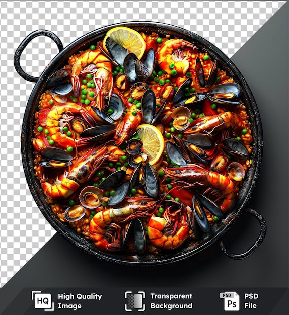 Fondo transparente psd mockup de paella de mariscos con mejillones de camarón y limones en una sartén