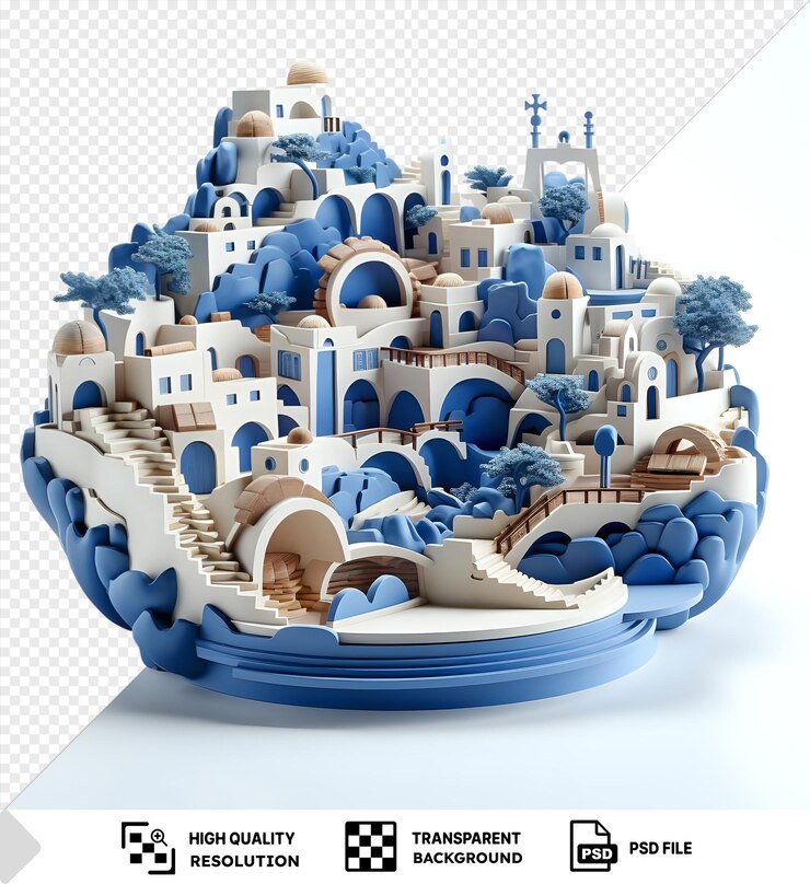 PSD fondo transparente psd modelo 3d de la caldera de santorini con un pequeño árbol azul y un edificio azul y blanco