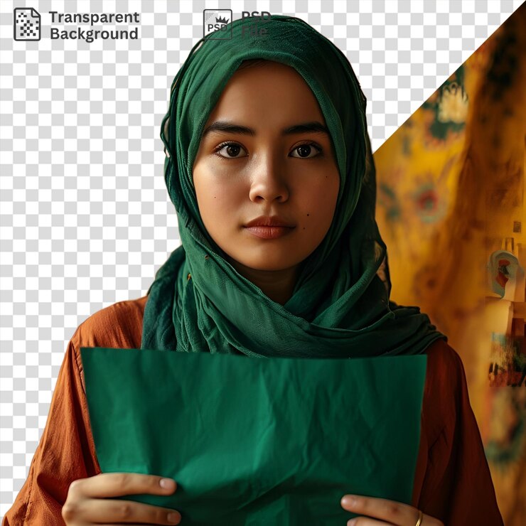 PSD fondo transparente psd una mujer con un hijab sosteniendo una bolsa verde con un anillo de oro en el dedo y una bufanda verde alrededor de su cuello sus ojos marrones nariz