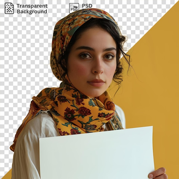 PSD fondo transparente psd con una mujer sosteniendo una tarjeta blanca