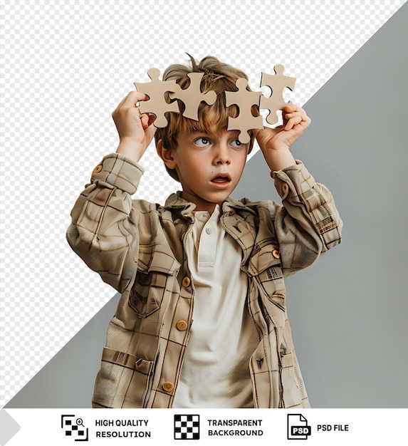 fondo transparente psd niño confundido tratando de resolver un rompecabezas complejo invisible png