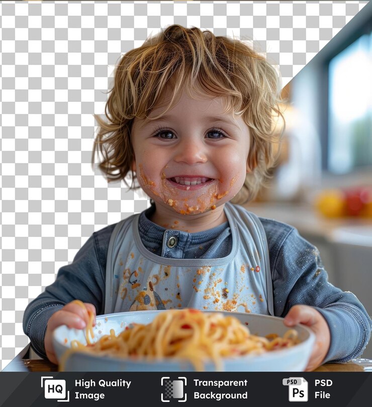 PSD fondo transparente psd pequeño niño bebé niño pequeño comiendo espagueti para el almuerzo y haciendo un lío en casa en la cocina