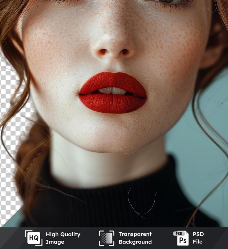 PSD fondo transparente psd primer plano de las labios de la mujer39 con lápiz labial rojo ojos marrones nariz cabello negro