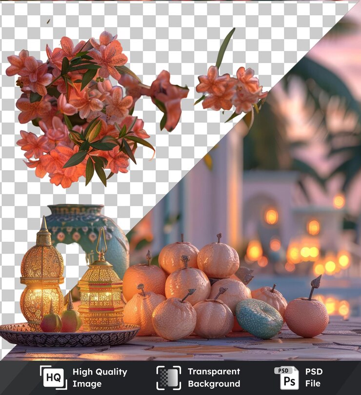 PSD fondo transparente psd ramadán narración tradicional con una flor de naranja y un jarrón verde en un fondo transparente