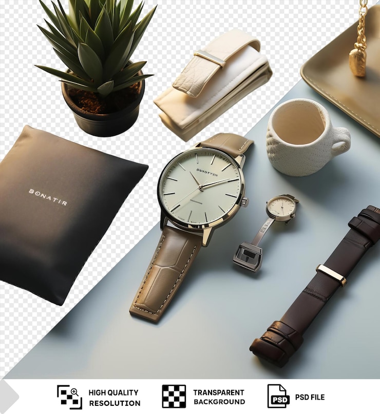 PSD fondo transparente psd reloj de lujo para hombres y conjunto de accesorios exhibido en un fondo transparente acompañado de una planta verde y un pequeño reloj con un mango marrón en primer plano