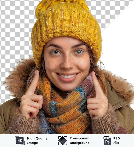 PSD fondo transparente psd retrato de elegante mujer muy sonriente con bufanda y sombrero amarillo de invierno señala sus dedos hacia arriba en el concepto de publicidad de espacio de copia