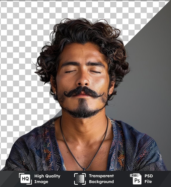 PSD fondo transparente psd retrato de hombre meditativo con bigote y cabello rizado con una camisa azul y collarete negro con los ojos cerrados y una nariz grande de pie frente a un gris y blanco