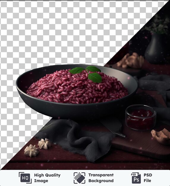 PSD fondo transparente psd risotto de vino rojo aterciopelado servido en un cuenco negro en una mesa de madera acompañado de un tenedor de plata y adornado con una hoja verde