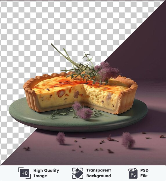 Fondo transparente psd salado quiche lorraine en un plato verde adornado con flores púrpuras colocado en una mesa púrpura