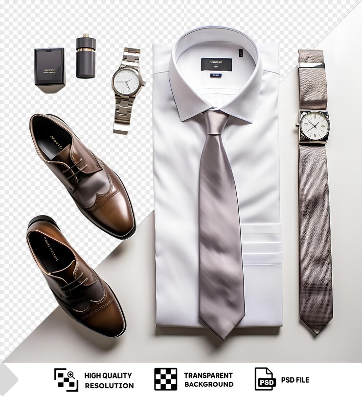 PSD fondo transparente psd set de ropa formal de lujo para hombres con una camisa blanca corbata gris y zapatos marrones complementados por un reloj de plata