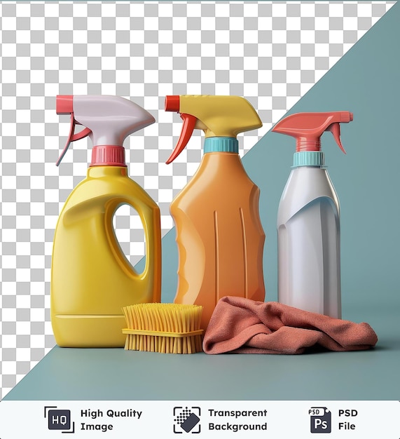 Fondo transparente psd suministros de limpieza de cocina botellas amarillas y naranjas una toalla roja y rosa y una pared azul en el fondo