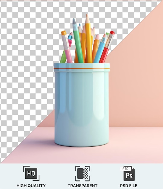 PSD fondo transparente psd una taza llena de una variedad de lápices de colores incluyendo amarillo verde y azul colocado en una mesa blanca contra una pared rosada