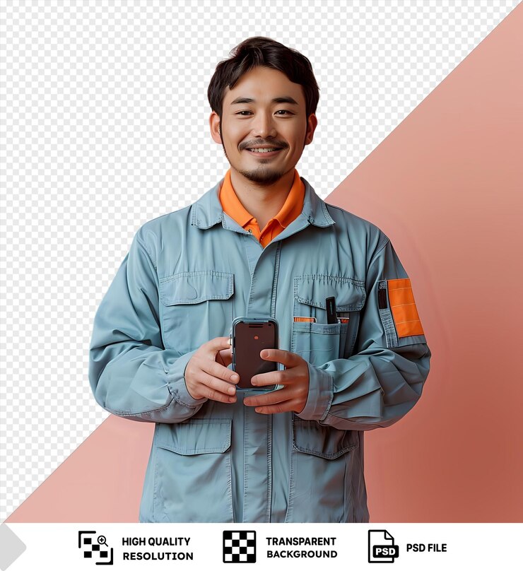 PSD fondo transparente psd técnico de reparación alegre mostrando su teléfono móvil ante la cámara png psd