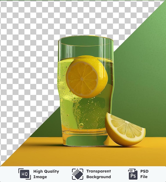 PSD fondo transparente psd vaso gaseoso de refresco de limón limón en una mesa amarilla contra una pared verde